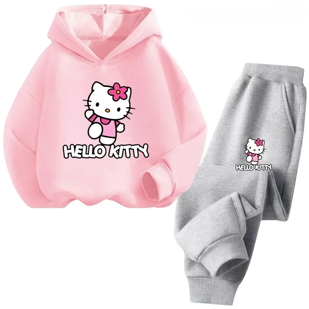 thumbnail image 1 of Conjunto de 2 piezas de sudadera y pantalones con estampado de dibujos animados de Hello Kitty Kawaii para primavera y otoño, ropa para niños de 2 a 14 años, chándal de moda, 1 of 4