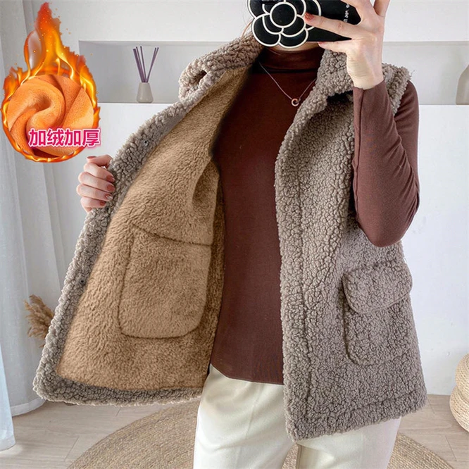 puffer coat with fur hood 2021 Winter Imitation Lamb Wool And Plush Thickened Women's Vest Korean Version Versatile Girls' Vest For Casual Warmth Khaki hooded puffer jacket