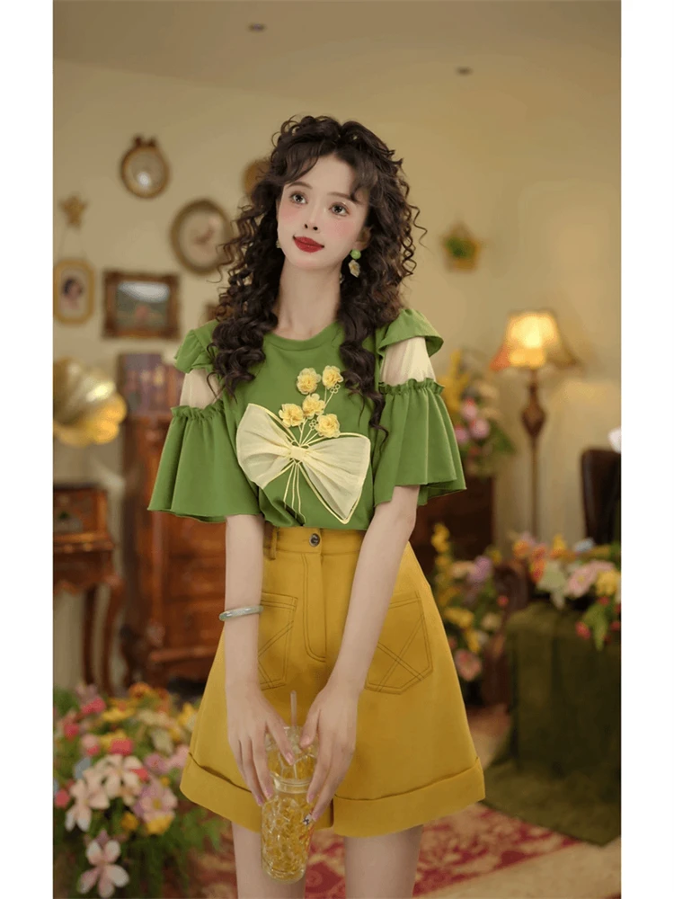 Hong Kong Sle oulder Bared Tee Dimensional Flower Women's Set Loose orts Summer Faion Two Piece Suit round Ne o...