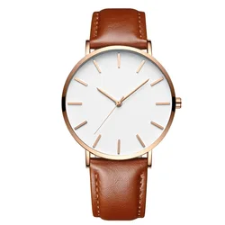Minimalist Unisex Elegant Leather Strap Quartz Wristwatch (Gold brown)