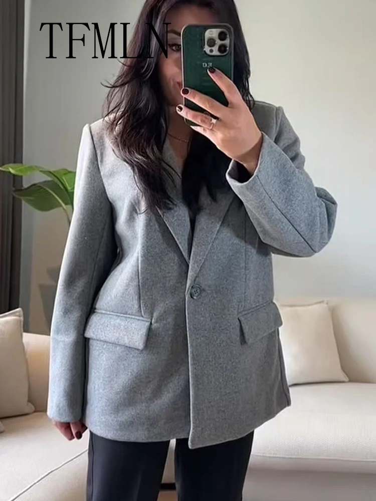 2025 Winter Women's Simple Casual French Blazer Coat Office Ladies Versatile Blended Long Sleeved Single Buckle Jackets Top