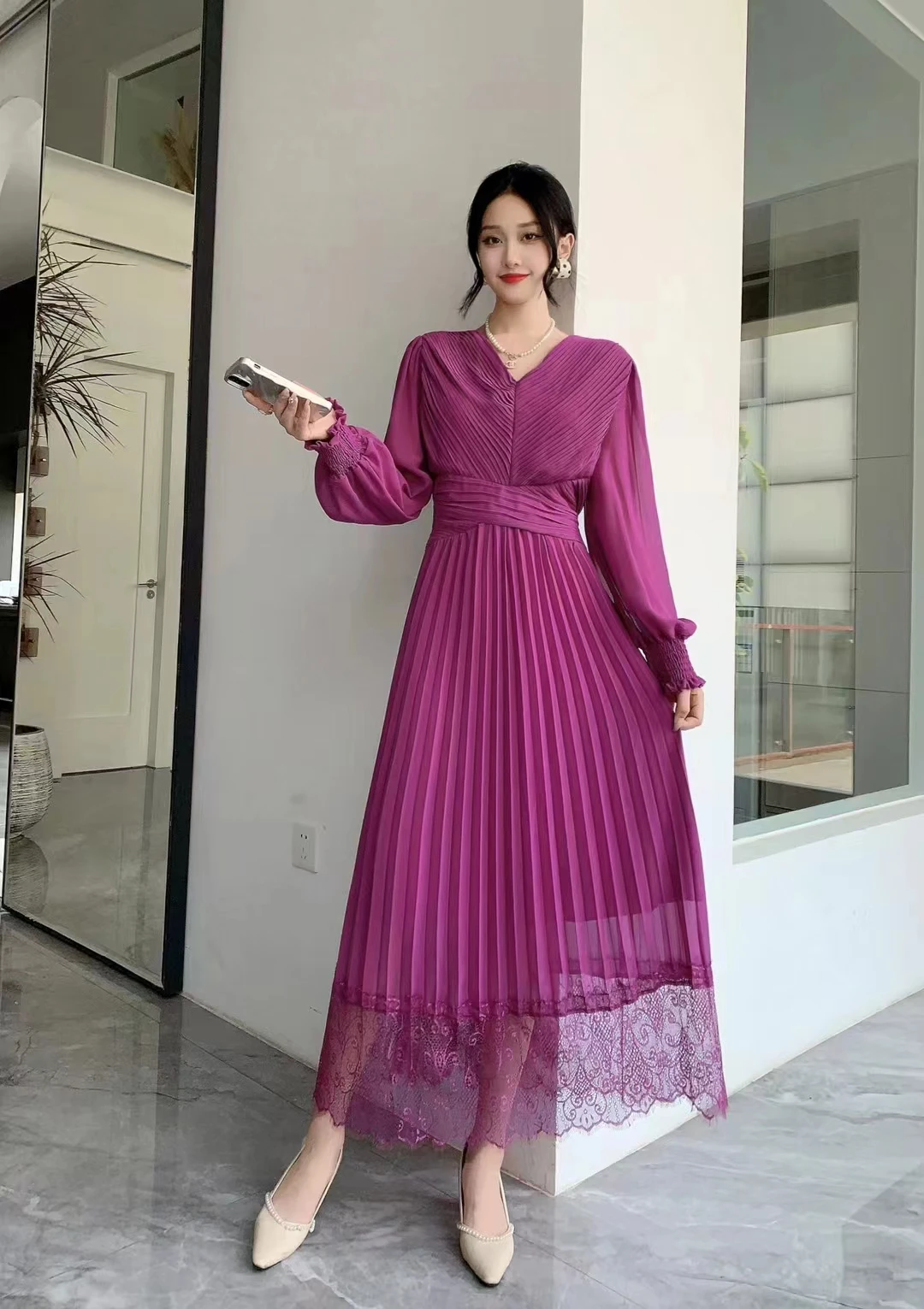 Vestido Largo Mujer Vestido Mujer Elegante Cuello V, Manga Larga