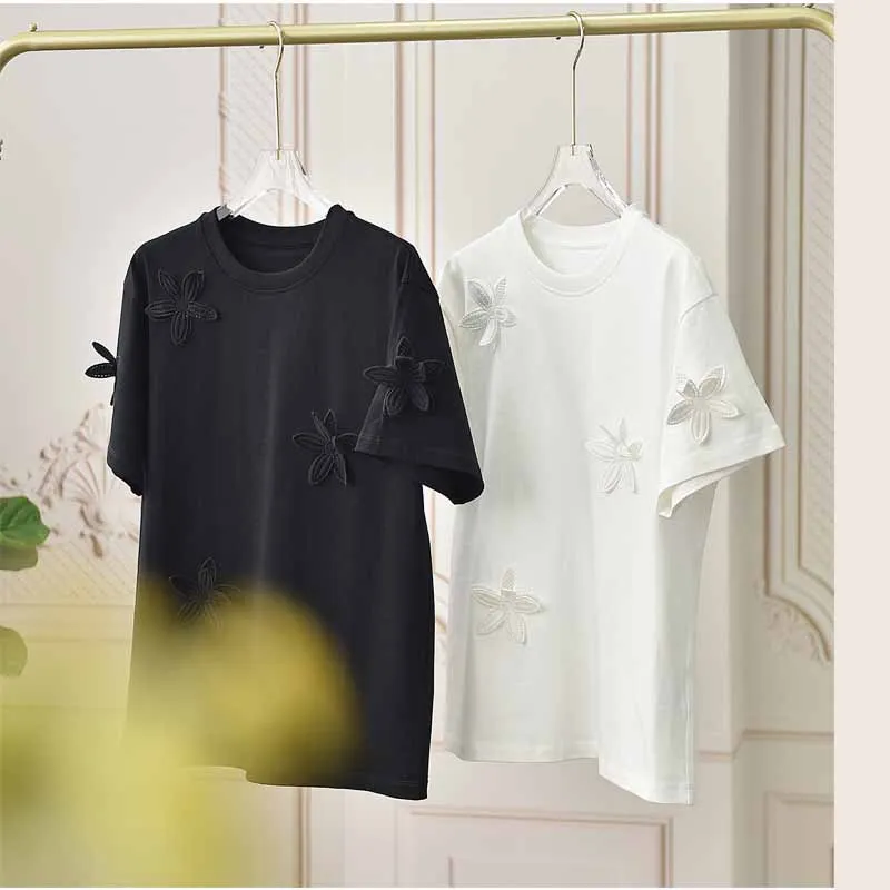 

Cotton T-shirt for women's high-end hollowed out three-dimensional flower round neck short sleeved solid color top spring summer