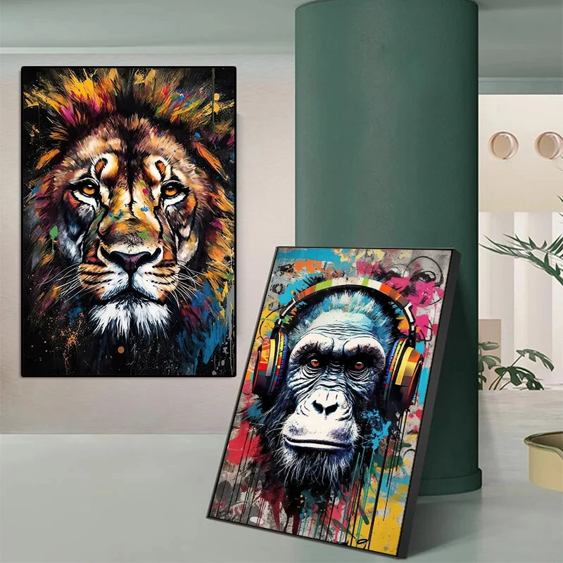

Abstract Watercolor Lion Monkey Tiger Posters Prints Graffiti Art Rabbit Giclee Canvas Painting Wall Art Pictures for Home Decor