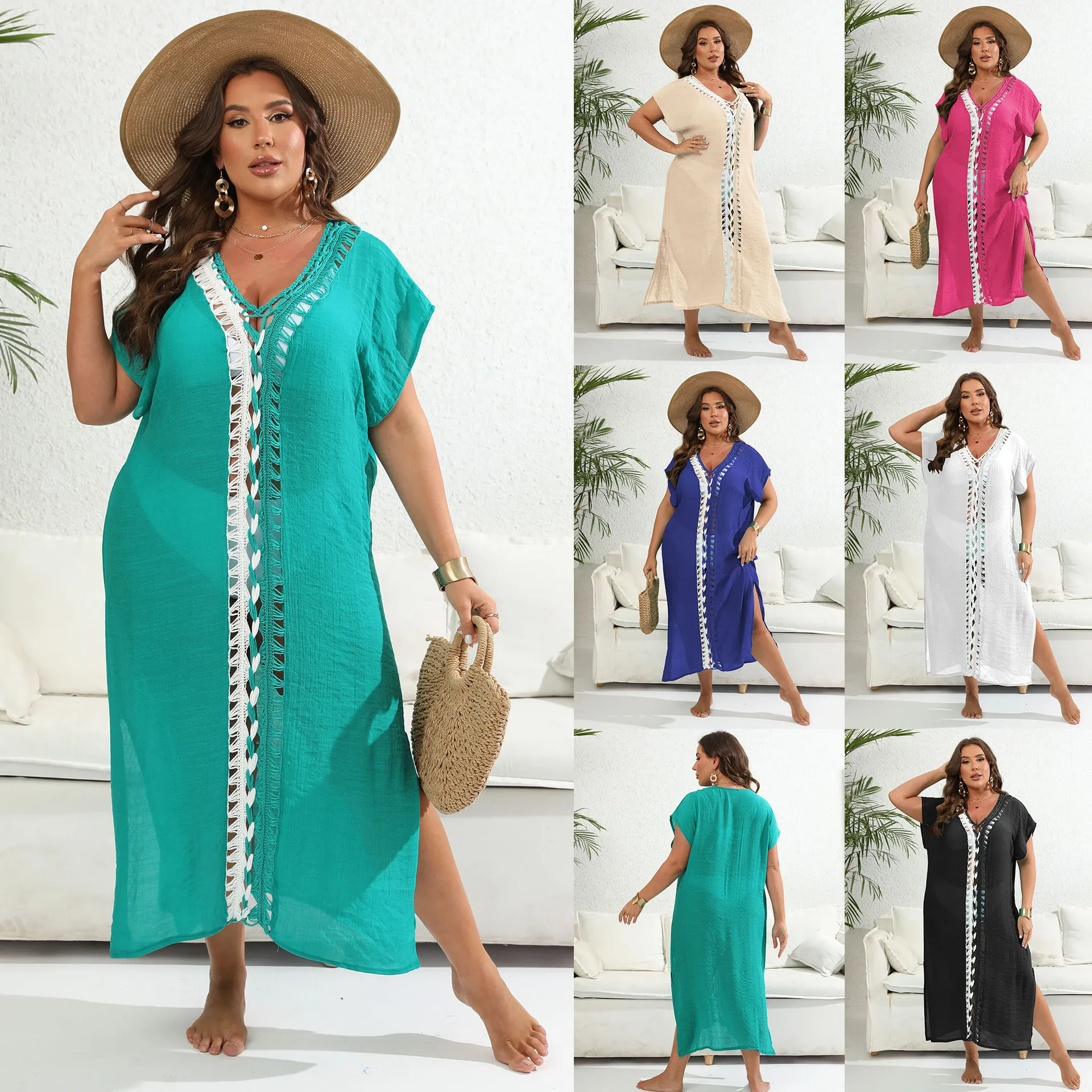 Large Size Beach Wear for Women 2024 New Long Dresses White Patchwork Sun Dress Green Split Big Cover Up Pink Streetwear Outwear