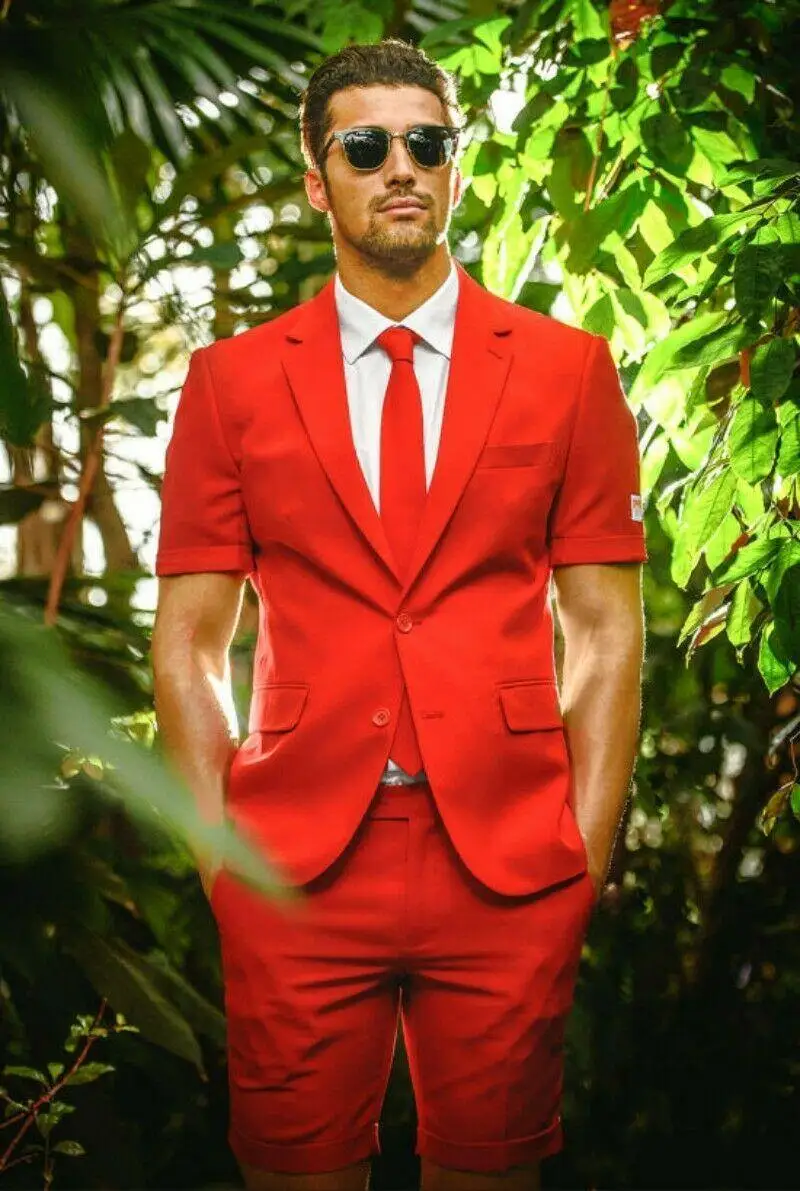 

2023 Short Pants 2 Pieces Red Groom Wedding Tuxedos Men Groom Suits Peaked Lapel Slim Fit Two Buttons Prom Party Blazer Jacket