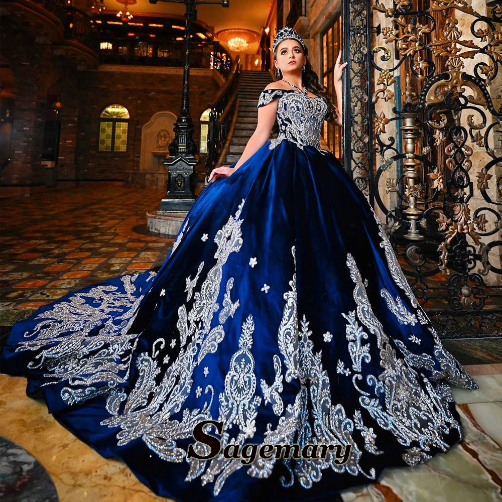 Sagemary Graceful Ball Gown Quinceanera Dresses for Teens Off the Shoulder Velvet Lace Appliques Chapel Train Customised