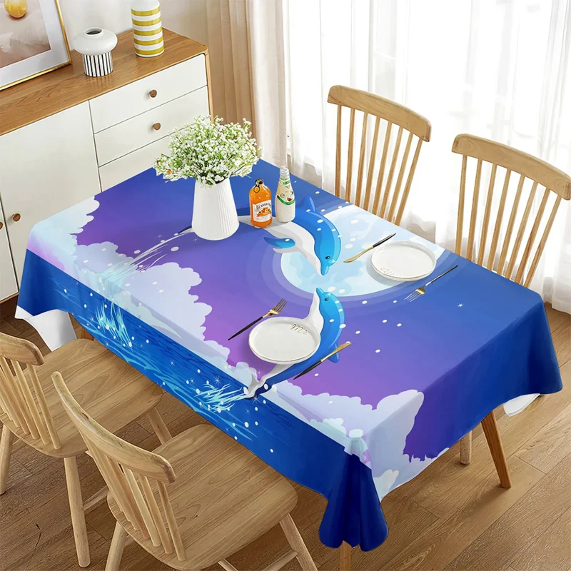 

Tablecloth Rectangle Cartoon Dolphin Marine Life Blue Ocean Home Decor for Tablecloth Living Room Dining Room Wedding Banquet