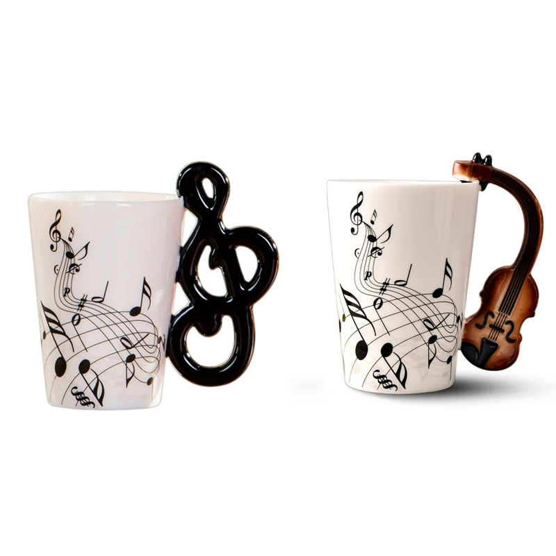 

2Pcs Ceramic Cup Personality Mug Unique Musical Instrument Gift Cup - Violin Handle & Note Handle
