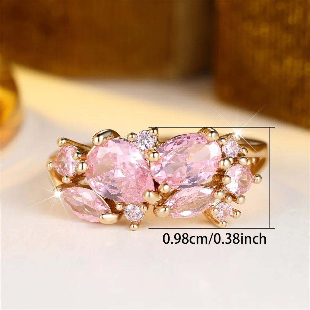 Elegant Pink Zircon Water Drop Stone Rings For Women Vintage Gold Color Engagement Ring Wedding Jewelry Bridal Versatile Gifts
