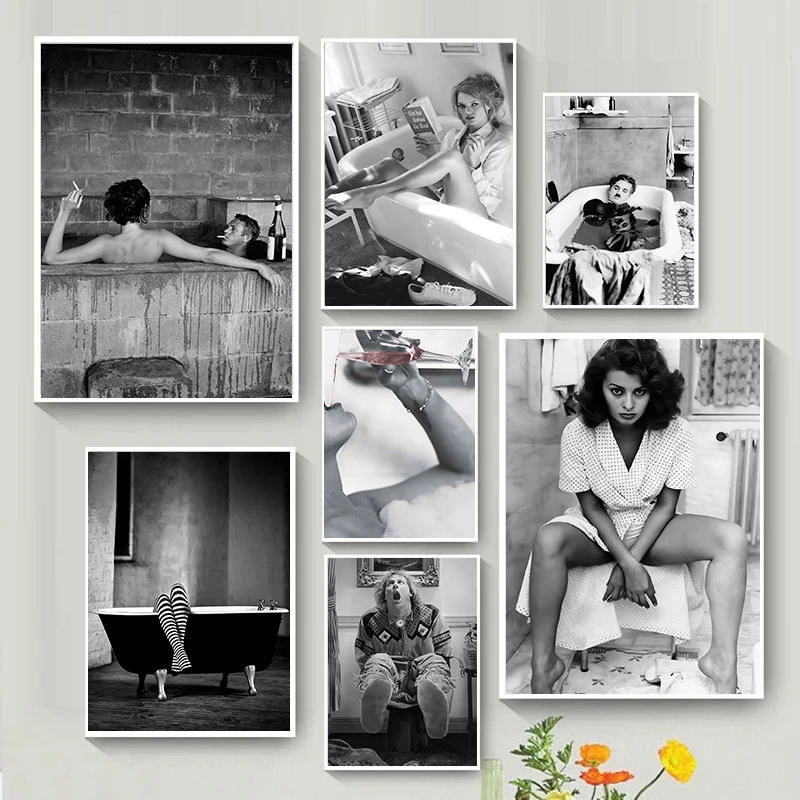 Vintage Star in Toilet Posters and Prints Canvas Painting Funny Black and White Wall Art Pictures for Modern Bathroom Home Decor