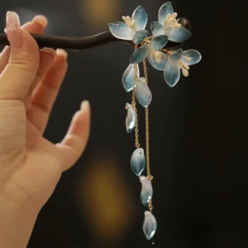 Chignon cinese a forcina con nappa Fiore blu Perla Step Shake Accessori per capelli Hanfu vintage Gioielli per capelli da sposa retrò