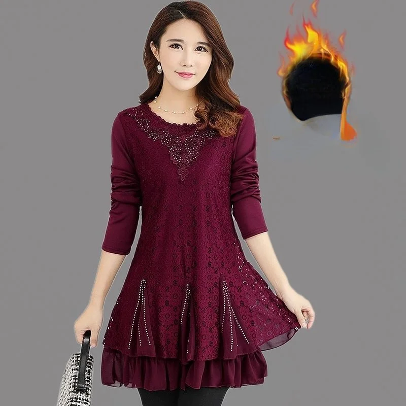 

Korean Fashion Clothing Long Sleeve Red Shirt Women Lace Blouse Autumn Womens Tops and Blouses Blusas Mujer X796