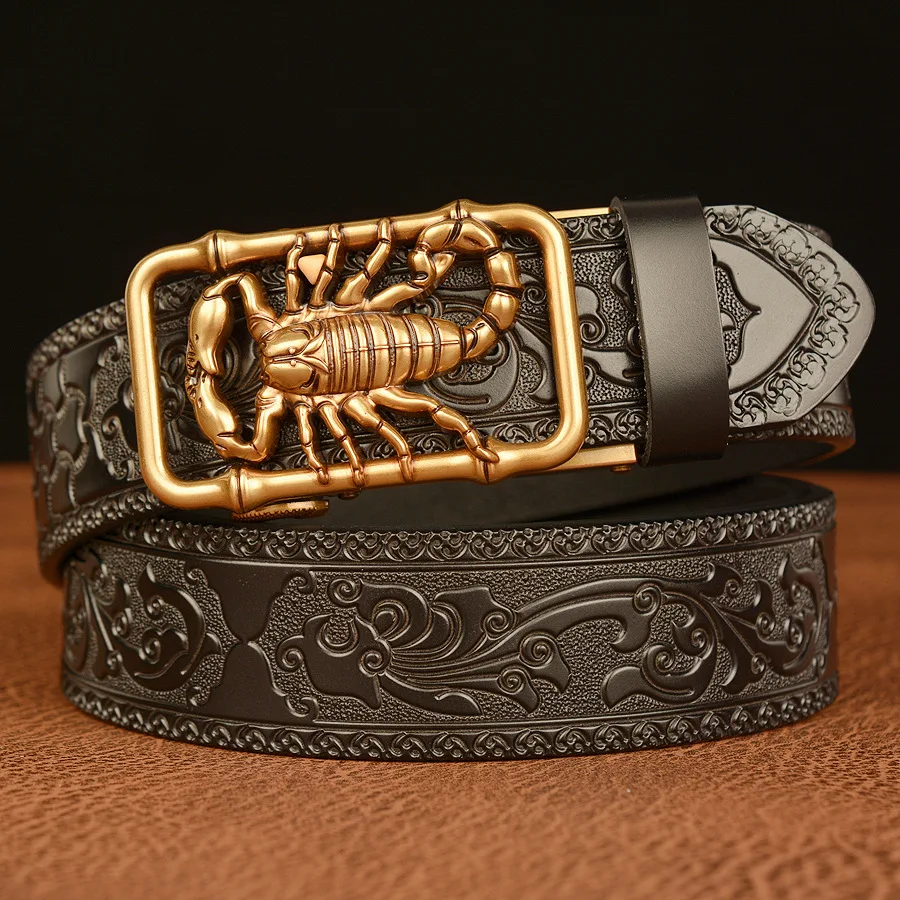 

Tang grass pattern carved men's automatic buckle belt, cowhide personalized scorpion casual belt, middle-aged and young pants be