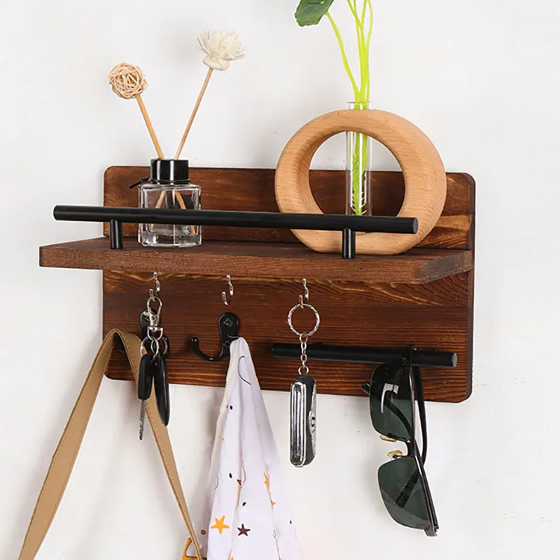 Wooden Wall Key Holder Decorative Key and Mail Holder with Shelf Has Large Key Hooks for Bags Coats Umbrella