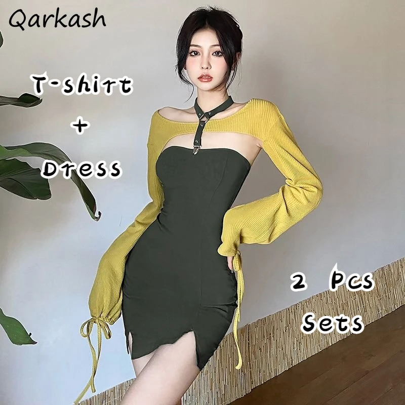 

Женское мини-платье с лямкой на шее, комплект из 2 предметов, укороченный Топ с длинным рукавом и асимметричным шнуровкой, элегантный сексуальный облегающий наряд в стиле High Street Y2k с разрезом