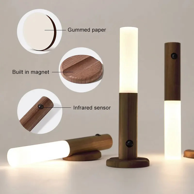 Human body induction small LED night light USB charging hallway induction light closet Imitation wood art led night light