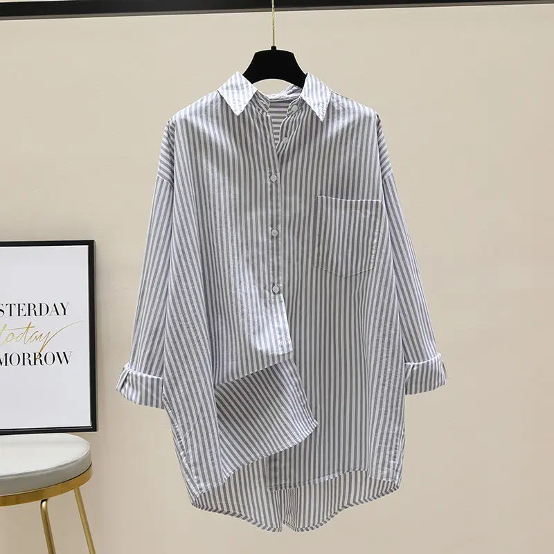 

2022 Spring and Autumn New Korean Style Artistic Front Short Back Long Shirt Mid-Length Vertical Striped Shirt Women's Casual Co