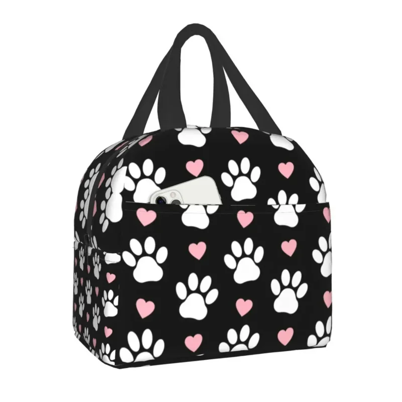 

Pattern Of Paws White Dog Paw Insulated Bags for Women Pretty Pink Hearts Puppy Cooler Thermal Lunch Box School Children