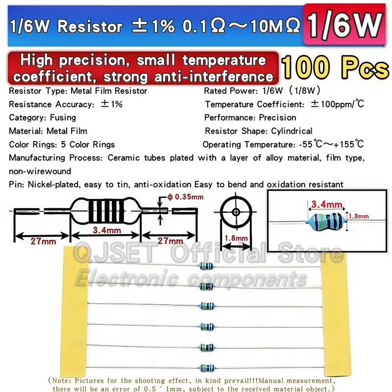 100pcs 1/6W Metal Film Resistors 1/8W 1% 0.125W 10 100 200 220 330 470 Ohm 4.7K 1K 2.2K 10K 47K 200k 220k 510k 100k 470K 1M Ohms - Image 7