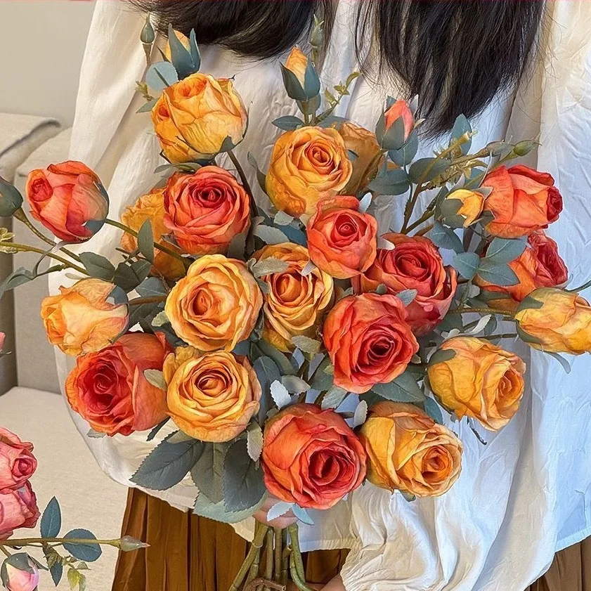 Vintage Burnt Edge Silk Rose Bouquet - Chic Artificial Flowers