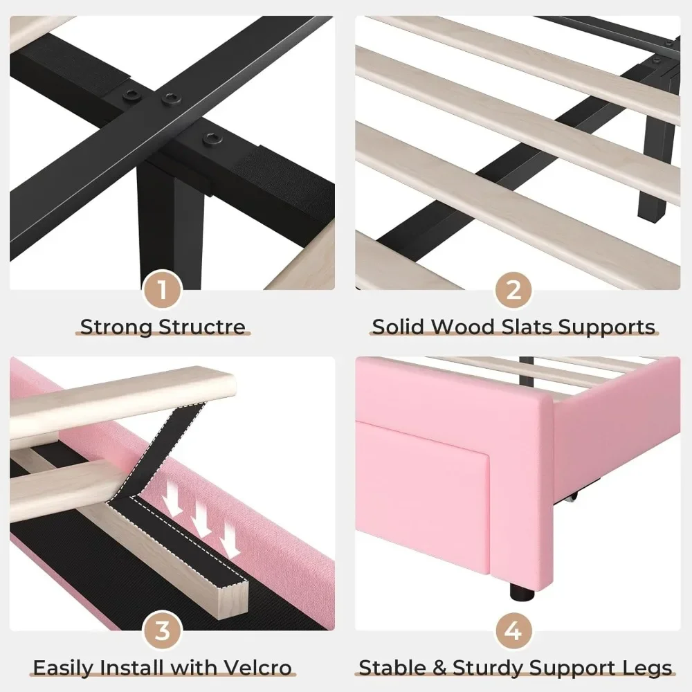 Twin Size Bed Frame with Storage Drawer, LED Lights, Adjustable Headboard with Velvet Crystal Button, Upholstered Platform Bed 6