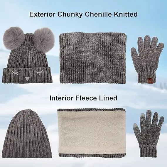 3 Pack Kids Hat Scarf Gloves Sets Winter Warm Pom Beanie Hat Fleece Lined Neck Warmer for Girls Boys 2-6