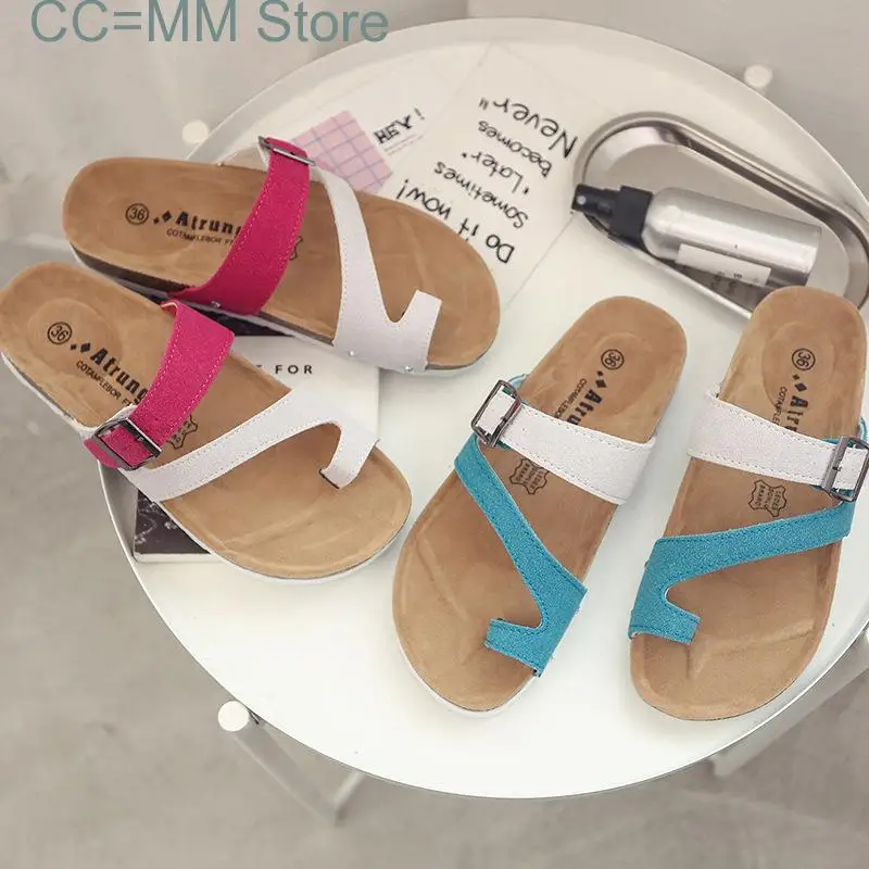 New Fashion Outside Buckle Cork Slipper Women Summer Mixed Color Casual Beach Slip on Flip Flops Slides Shoe