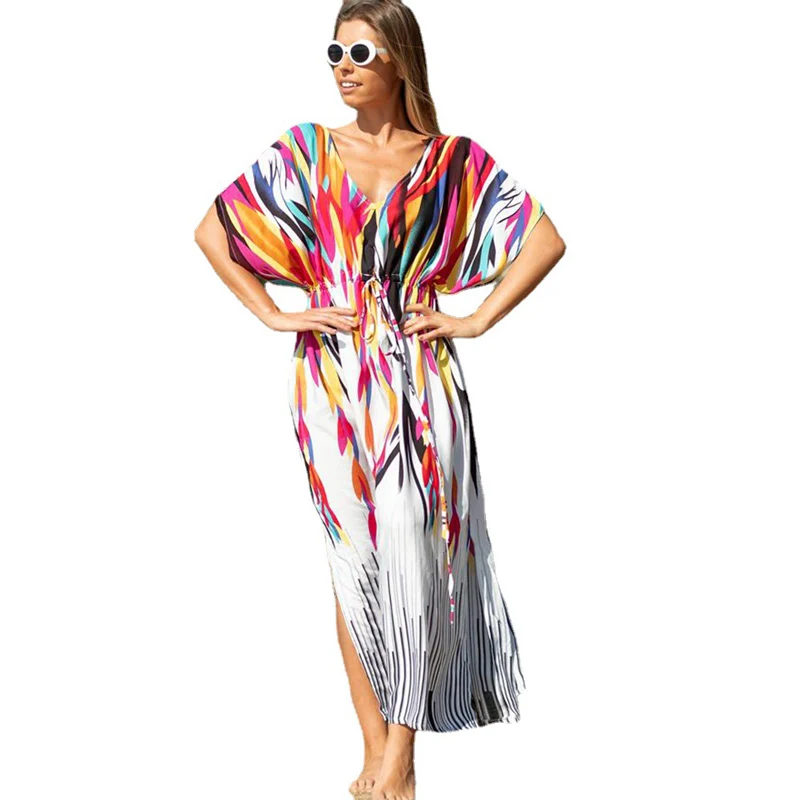 Midriff Drawstring Lace-up Bikini Cover-up Women Sweet Style Rainbow Print Beach Cover Up Female Summer Sun Protection Coverall