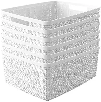 

Decorative Plastic Organization and Storage Basket Perfect Bins for Home Office, Closet Shelves, Kitchen Pantry and All Bedroom