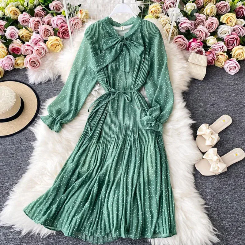 

Элегантное шифоновое платье-миди в горошек, женское винтажное свободное платье-миди, модель 2021 года, весенние платья-трапеции с длинным рукавом и поясом, 500 г