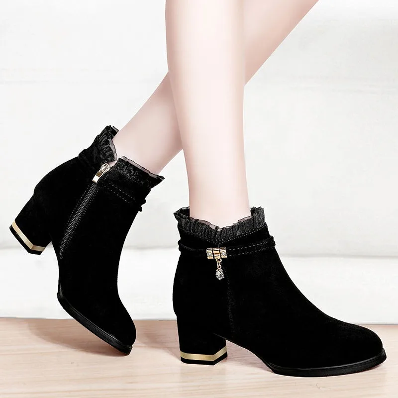 

New Elegant Ankle Boots Women's Lace Short Boot Lady Fashion Evening Party High Heel Shoes Suede Botas Classic Black