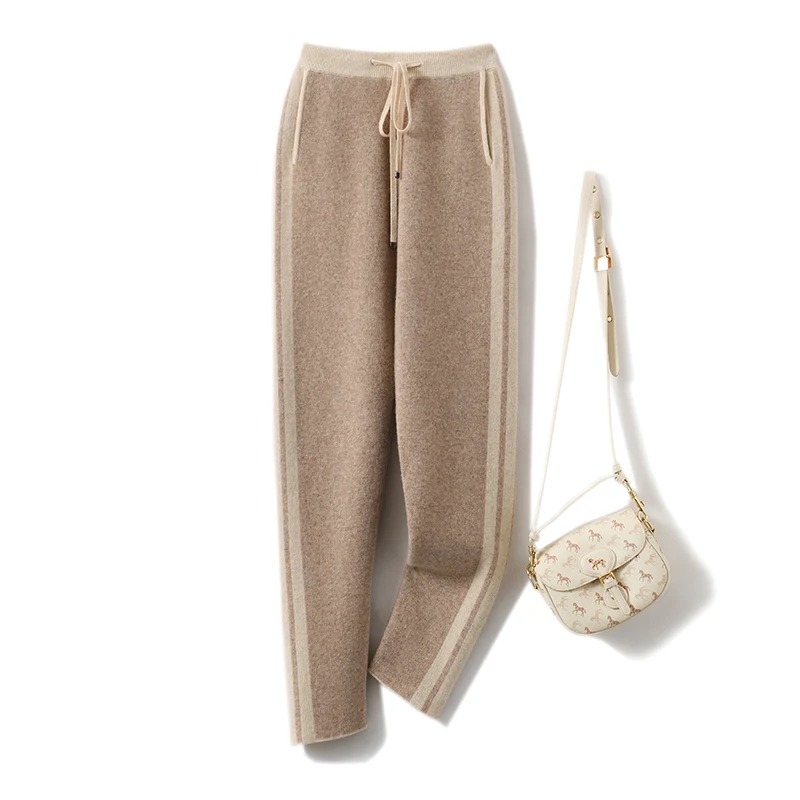 Autumn Winter Woman's Pants Fashion Pencil Pants 100% Merino Wool Knit Long Trouser Elastic Mid-Waist Patchwrok Full Length Pant
