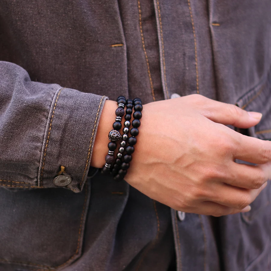 Men Black Onyx Stone Beaded Hematite Lion Bracelet