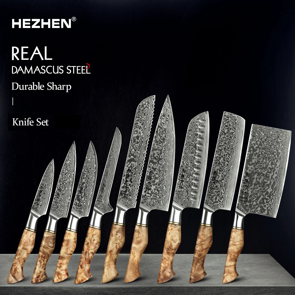 Set Coltelli Da Cucina Damasco HEZHEN 7 Pezzi – Lame In Acciaio 73 Strati Con Design Martellato E Ceppo In Noce