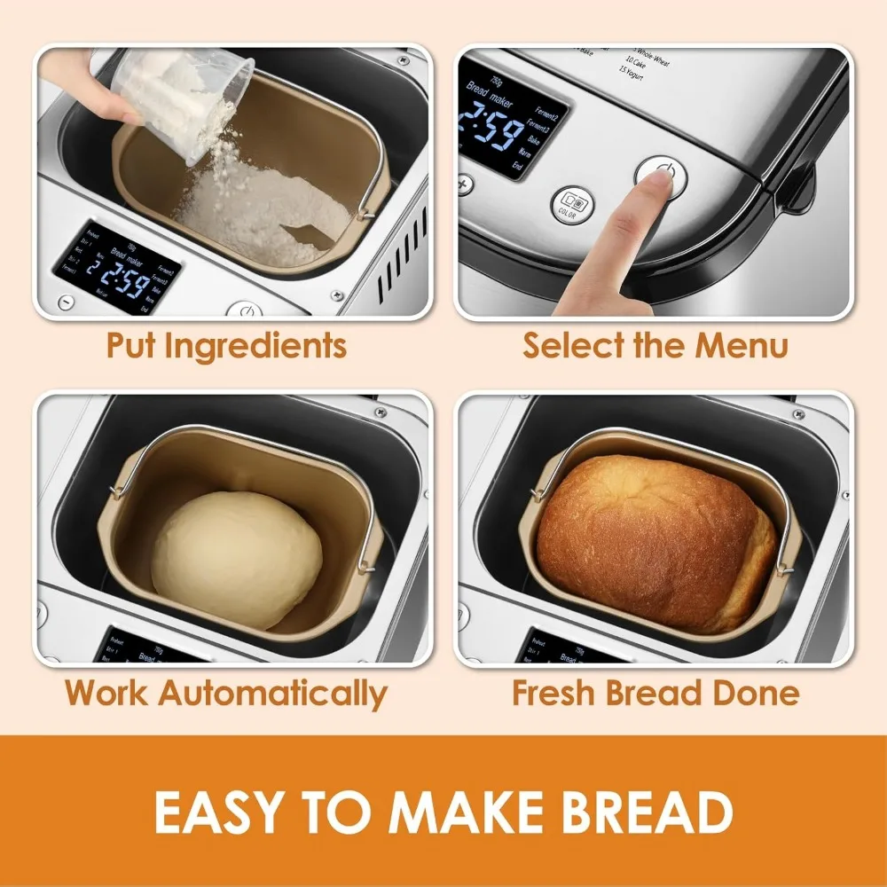 Bread Maker Machine with Gluten-Free Setting, 2LB 1.5LB 1LB Automatic Breadmaker with Homemade Cycle, 15-in-1 Stainless Steel 4