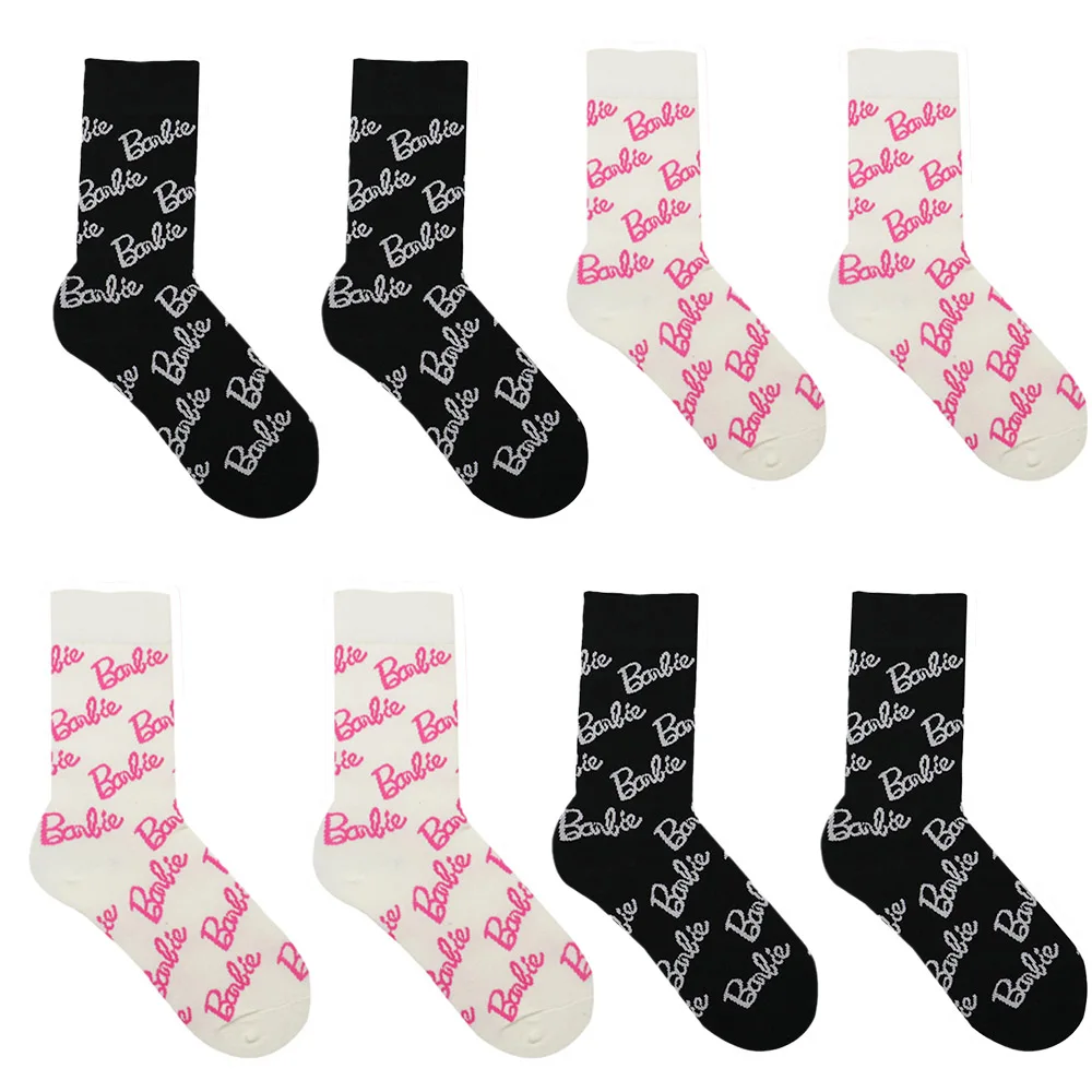 New Barbie Kawaii Pink Cotton Printed Letter Mid In Tube Socks Retro Sports Girl Heart Socks For Girls