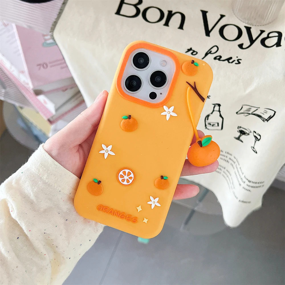 Cute 3D Orange Silicone Case with Pendant - Fun and Shockproof Cover