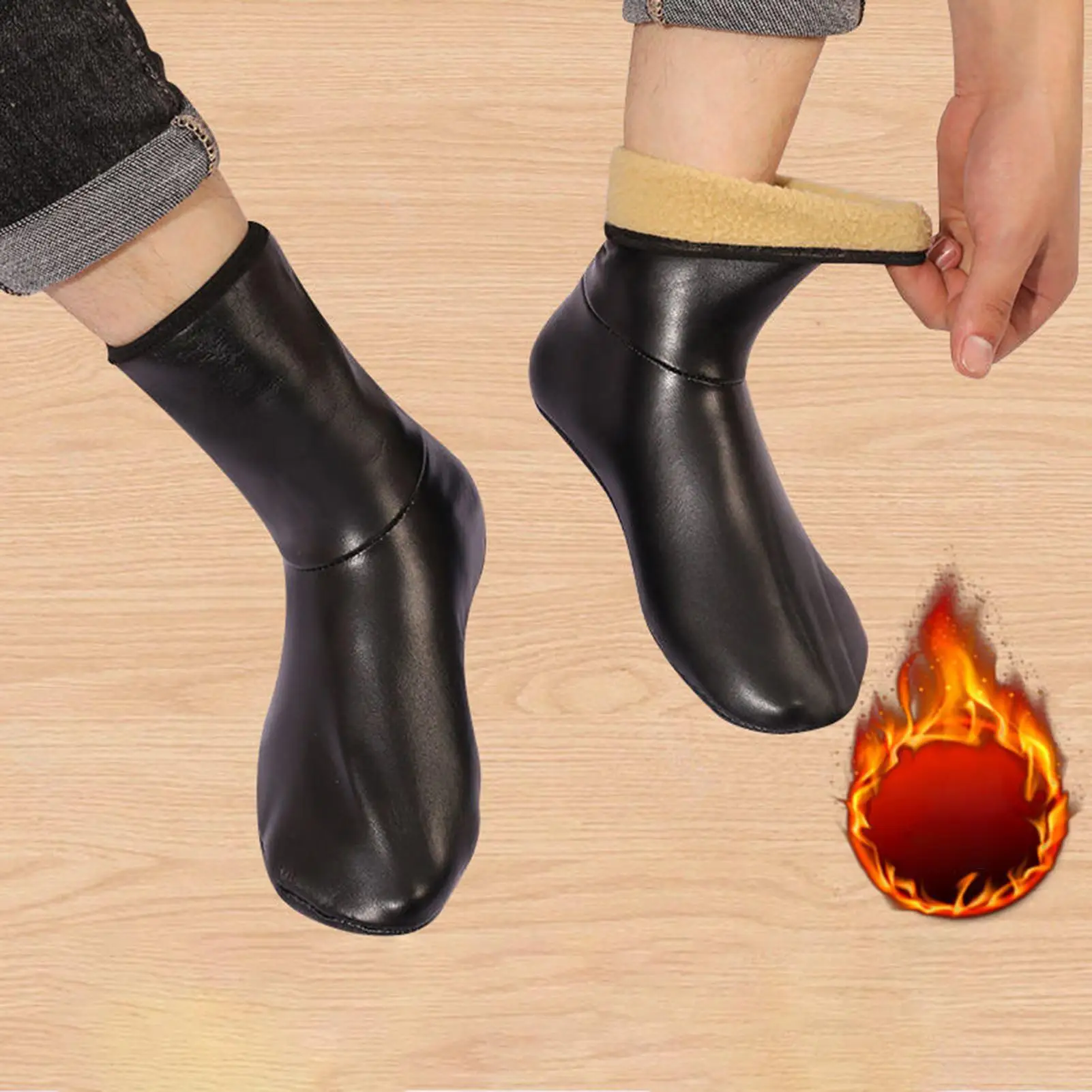 Leather Socks Waterproof Fleece Lined Indoor Outdoor Slip Resistant Footwear for Hiking Camping Home Office Winter Warmth waterproof socks