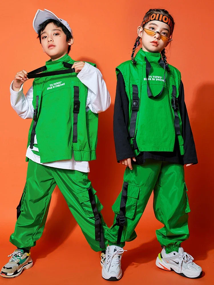 

Clothing Girls Modern Dance Performance Costume 2024 Kids Jazz Dance Clothes Boys Green Vest Pants Boys Fashion Hip Hop