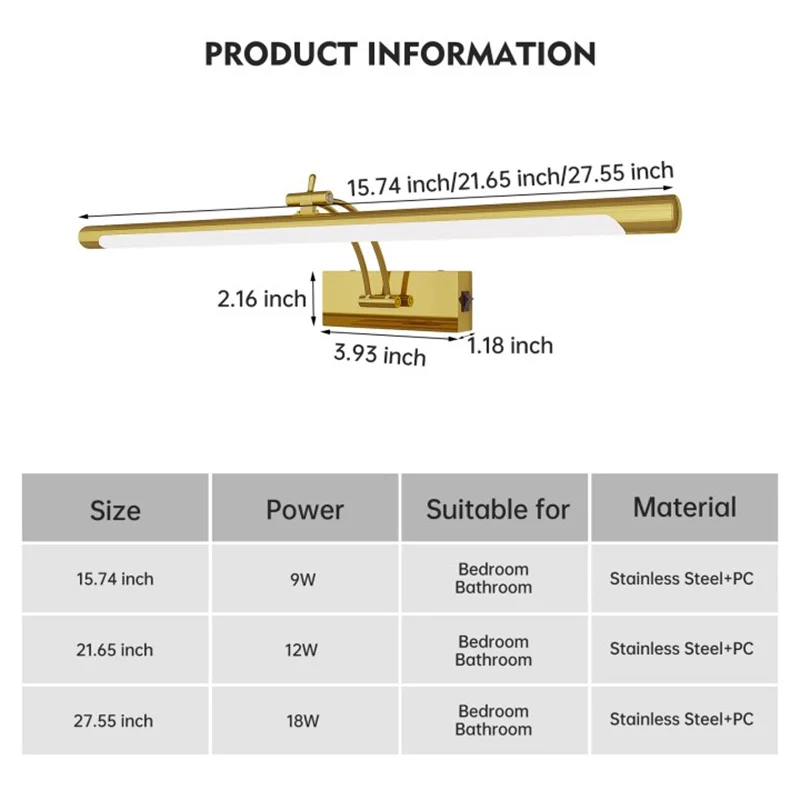 LED Picture Light Fixtures Bathroom Light Mirror Wall Lamp Gold Vanity Modern Wall Lamps Bedroom Reading Lighting mirror lights makeup mirror lights vanity light makeup lamp