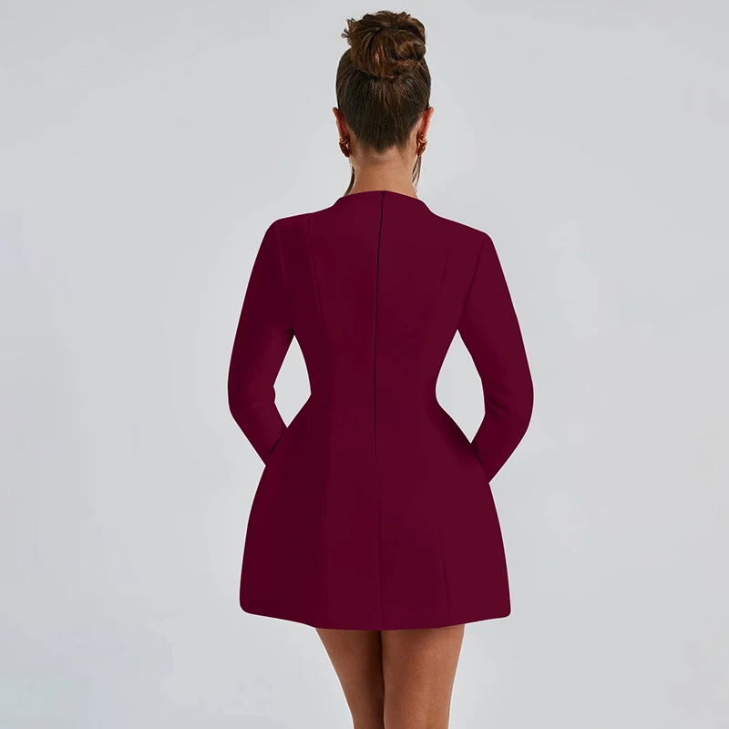 V Neck Long Sleeve Zipper Back A Line Patchwork Mini Solid Women'S Dresses Wholesale Fashion Gown Fashion Winter Clothes