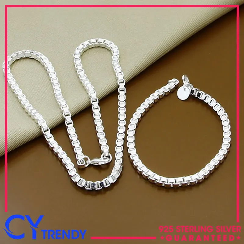 

925 Sterling Silver Tennis Box Chain Necklaces Bracelets Fashion Jewelry Set Accessories