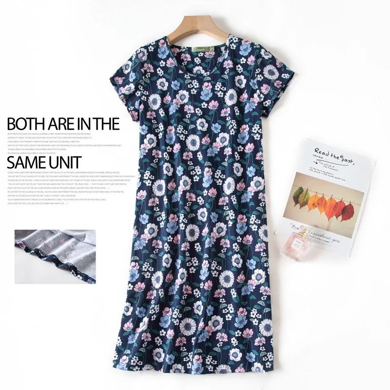 Summer Women Casual Cartoon Sleep Dress Cotton Loungewear Nightgown Female Short Sleeve Top Quality Large Size Home Dress
