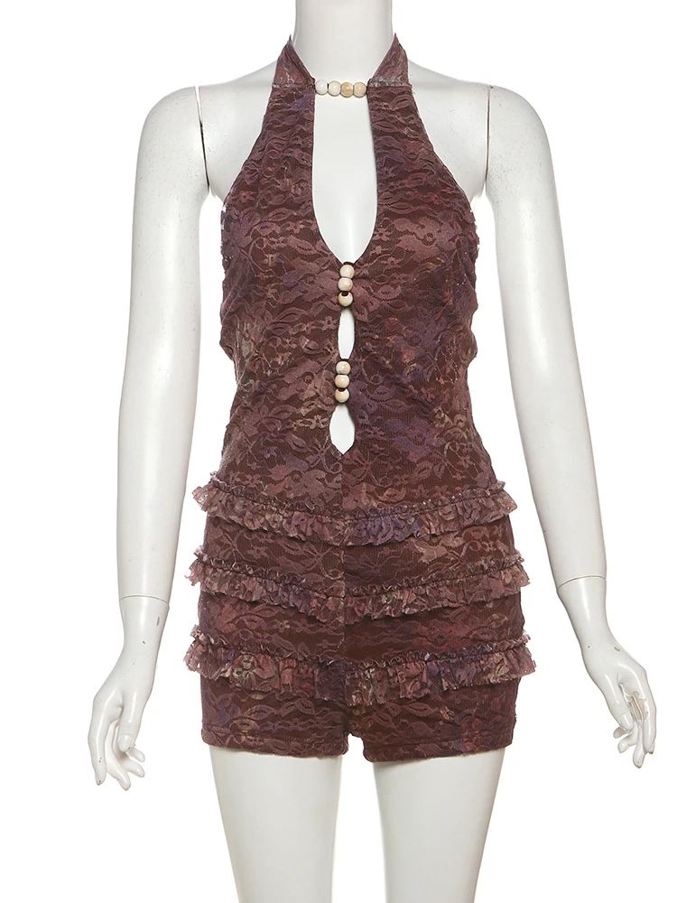 Nibber Wild Sexy Beads Patchwork Playsuits Women Lace-Up Halter Low-Neck Irregular Hollow Tierred Skinny Peach Hip Style Romper