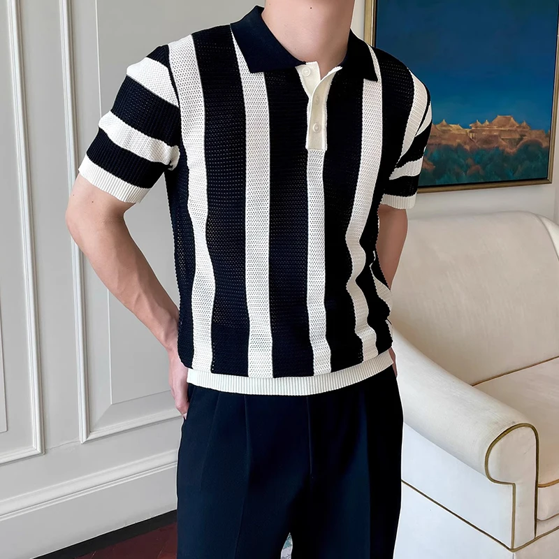 Contrast Color Striped Mens Polo Shirts Trendy Button Turn-down Collar Knit Tops Men Spring Summer Daily Casual Breathable Polos 24 S9aeb303b98aa4a039a8ed6150dbf04c2r
