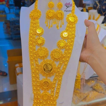 New Dubai 24K Gold Plated Necklace Earrings for Women's Wedding Party Jewelry Set