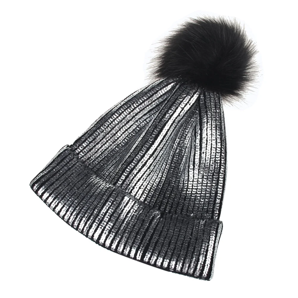 

and Fall Chic Beanie Metallic Shiny Beanie Skull Pom Pom Hats for Women (Silver)