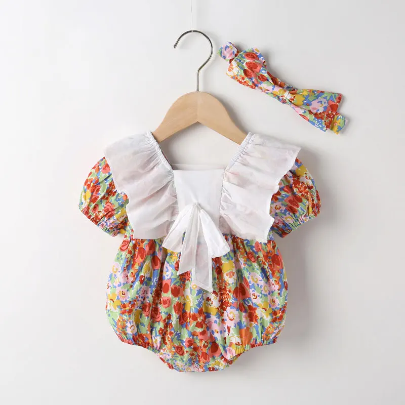 2022 New Summer Baby Clothes Girl Sweet 2 Pcs Sets Floral Bow Lace Baby Bodysuits+hat Party Birthday Princess Baby Rompers 0-18M baby bodysuit dress Baby Rompers