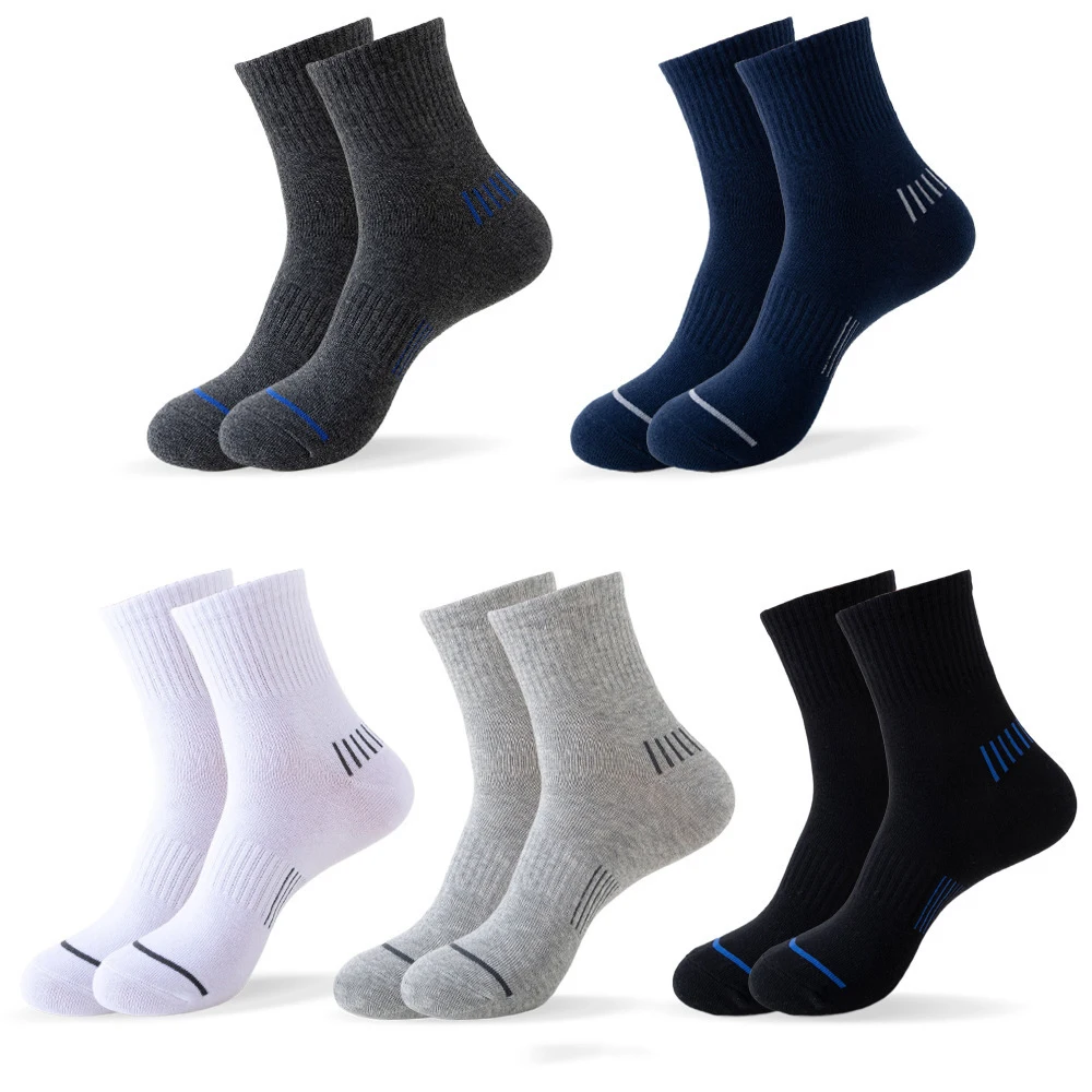5 Pairs Running Socks Men Sports Ankle Socks Black Withe Cushion Casual Athletic Mid-calf Breathable Stripe Cotton
